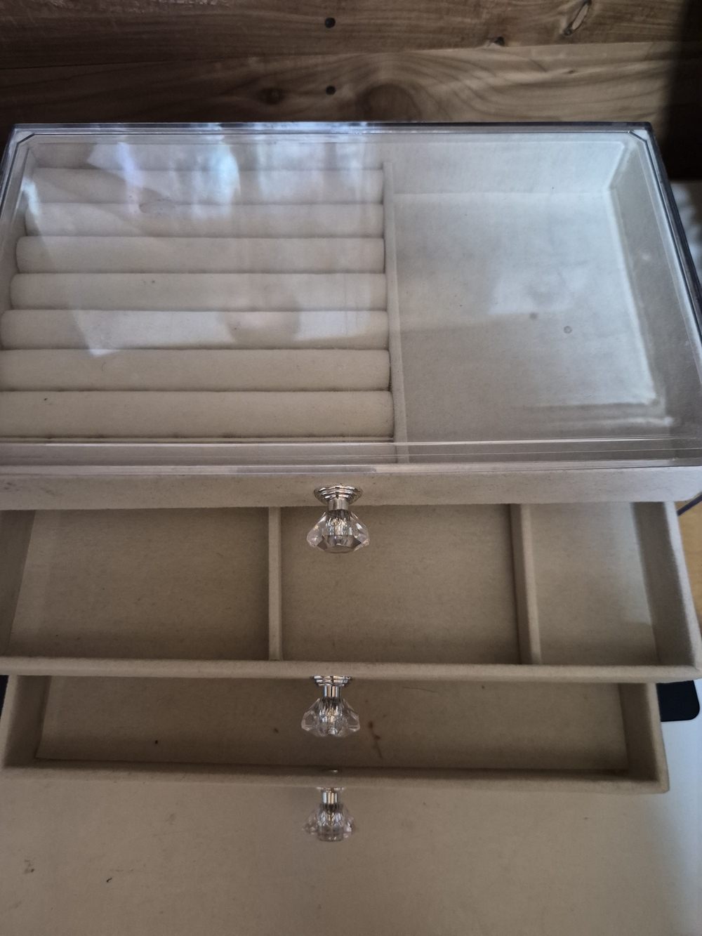 Beige Velvet Jewelry Organizer with Clear Lid and Crystal Knobs
